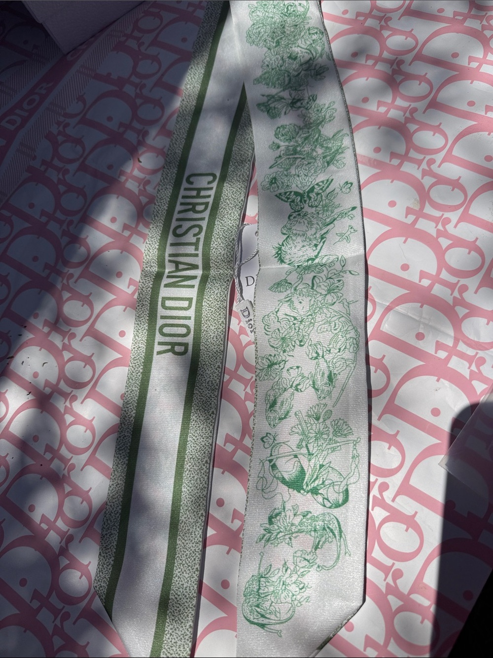 Dior Green and White Signature Botanical Ribbon  Mitzah Scarf 100% silk